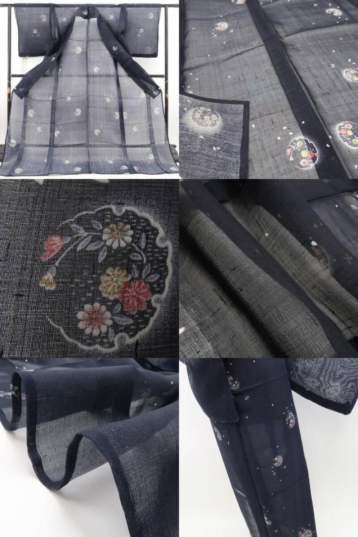 fette 未着用 紗紬 夏着物 仕付糸付”花びらひらり”絹芭蕉 6279