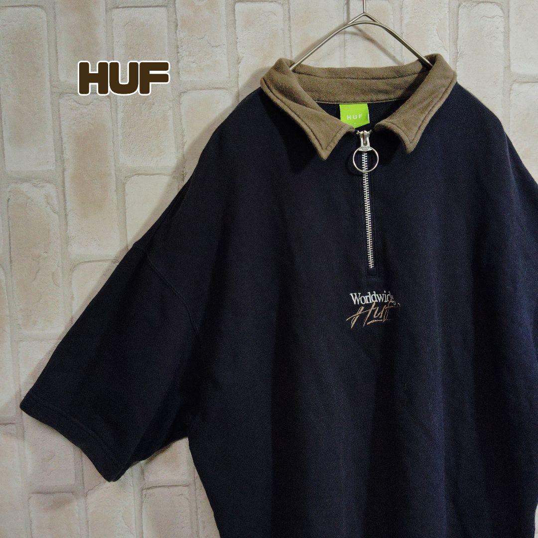 ハフ　スウェット　半袖　ネイビー　ハーフジップ　センター　刺繍