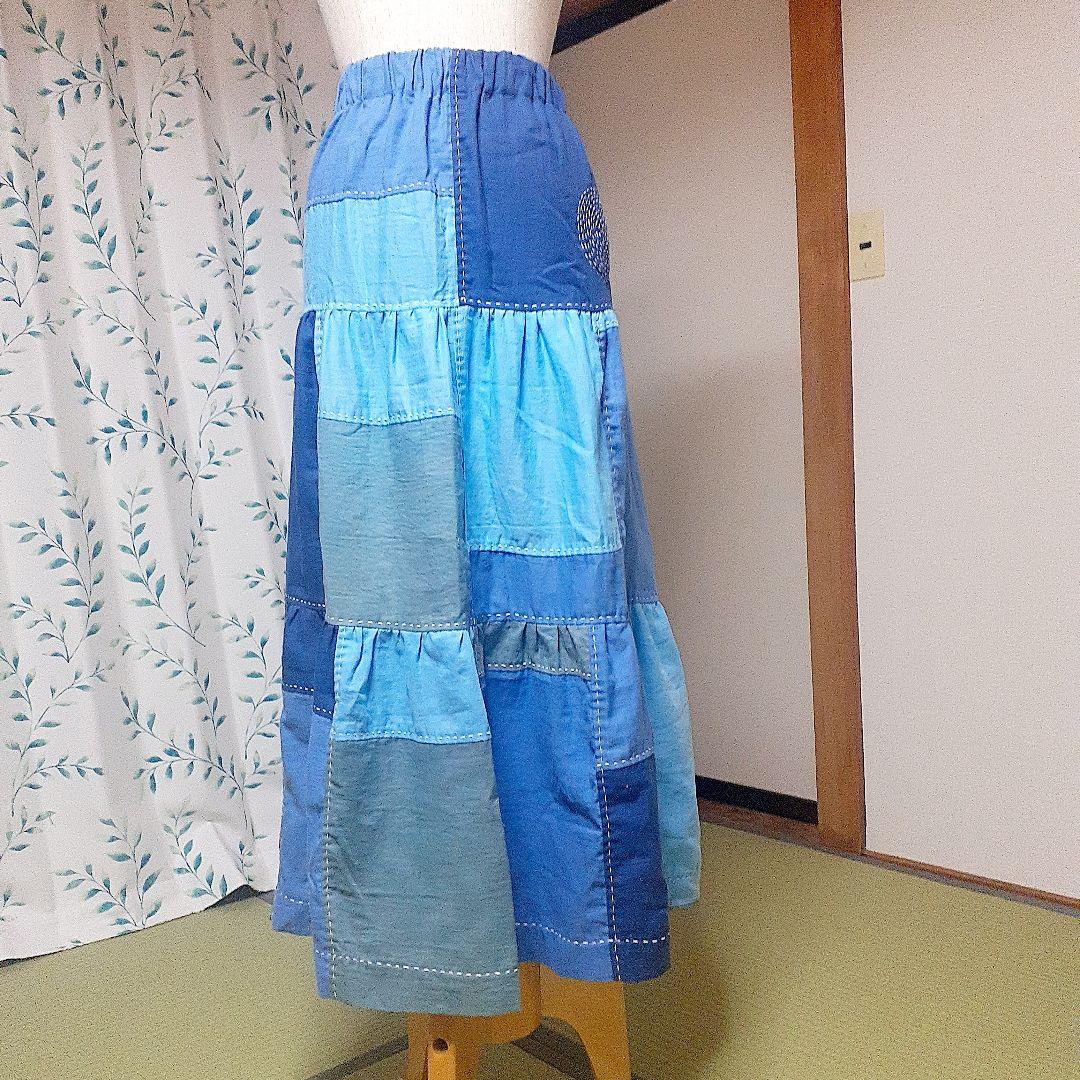 ハンドメイド　みやこ染め　刺し子のガーゼパッチワークスカート