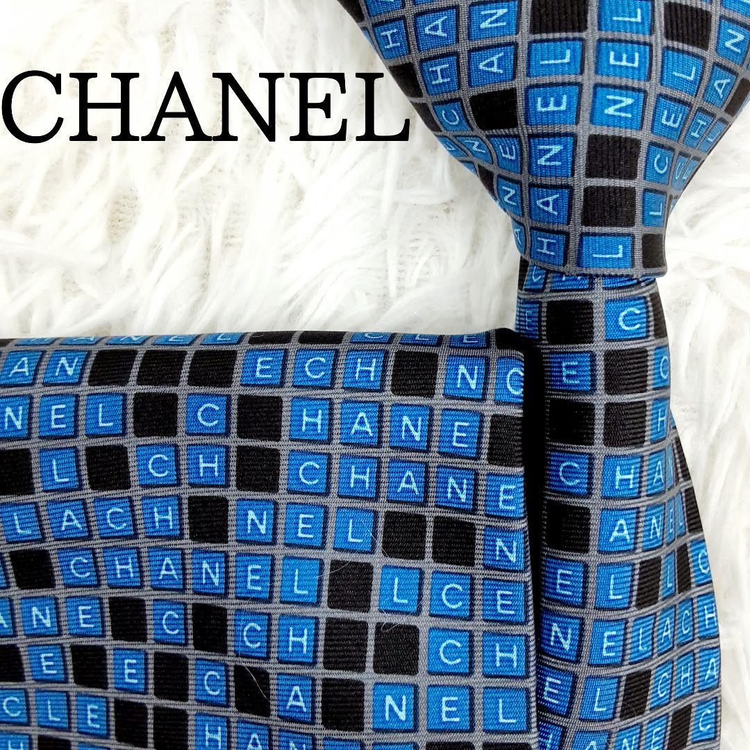 美品◎CHANEL シャネル ネクタイ ブロックチェック ロゴ 総柄