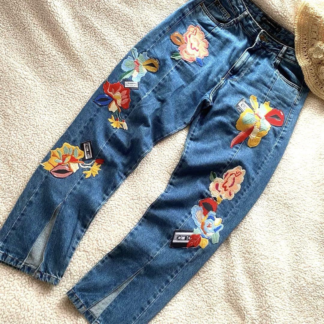 ZARA BASICザラベーシック花柄刺繍 デニムパンツ EUR38 L - メルカリ