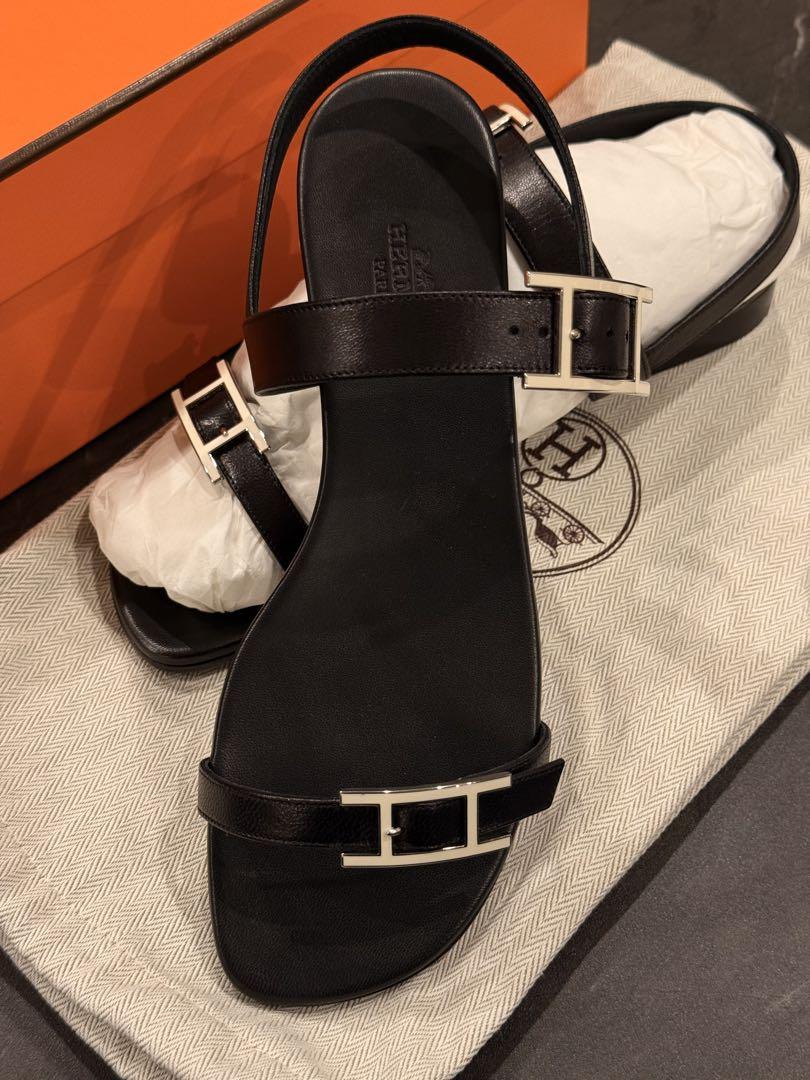 新品未使用 HERMES エルメス ブラックレザー サンダル 37 レディース