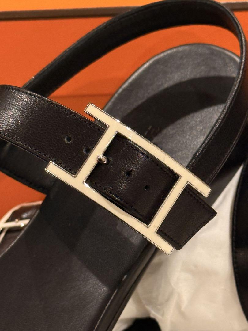 新品未使用 HERMES エルメス ブラックレザー サンダル 37 レディース