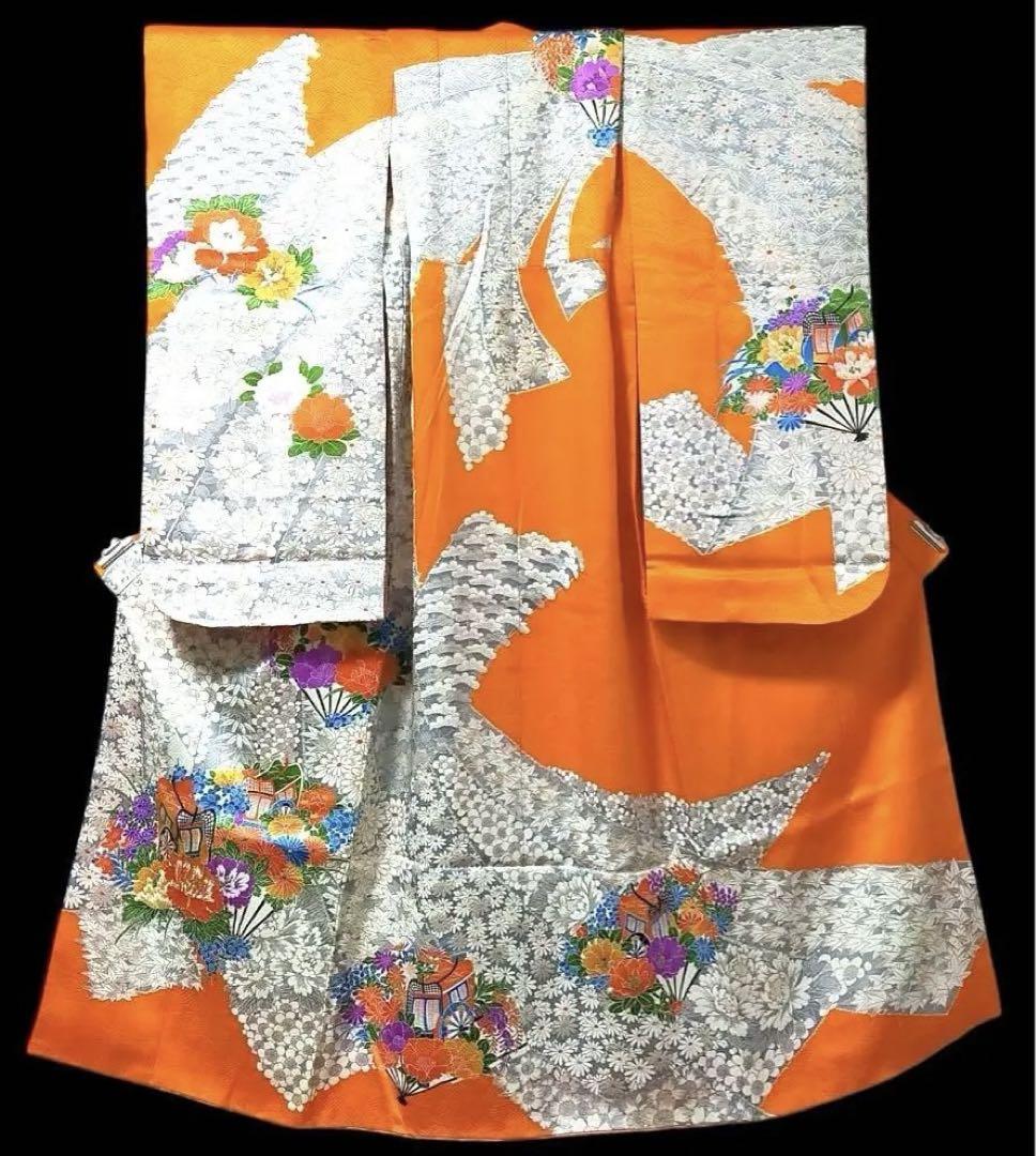 □七五三正絹女児振り袖着物　襦袢付　金駒刺繍　御所車　オレンジ系