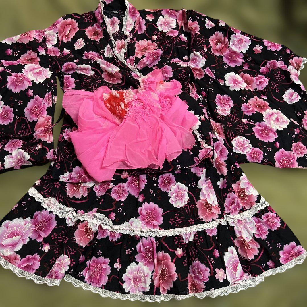 浴衣ドレス 大人用 黒 ピンク 赤 花 量産型 姫ギャル 平成女児 浴衣ドレス 大人用 黒 ピンク 赤 花 量産型 姫ギャル 平成女児