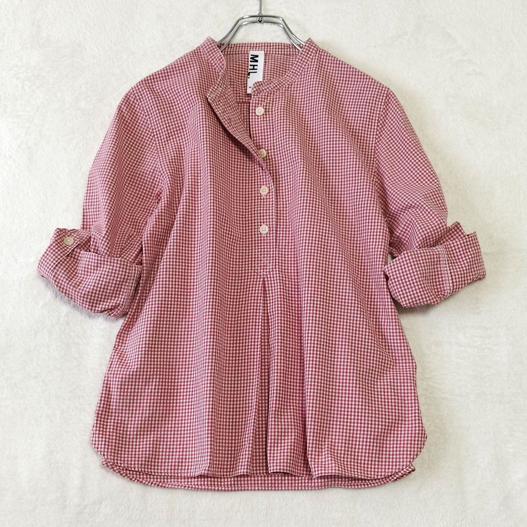 美品】MHL. 半袖シャツ ブラウス チェック バンドカラー 麻 プル
