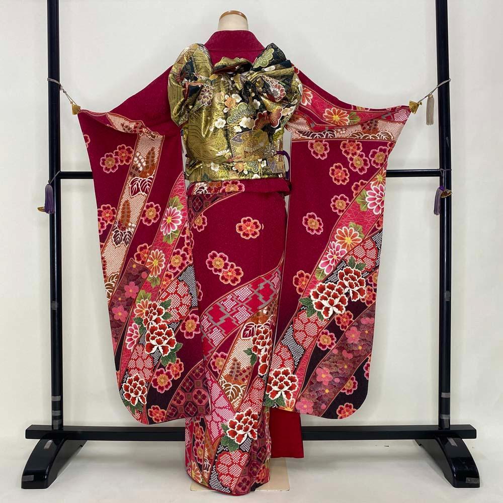 振袖セット 成人式 正絹 裄68.5cm Lサイズ　5点セット　赤　S-180