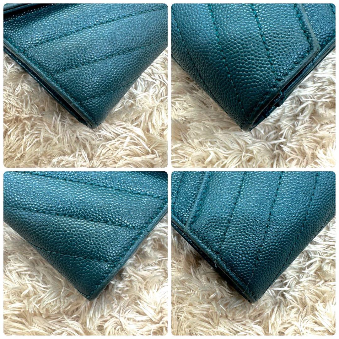 美品】サンローラン 長財布 フラップ ブルー YSL ゴールドロゴ V