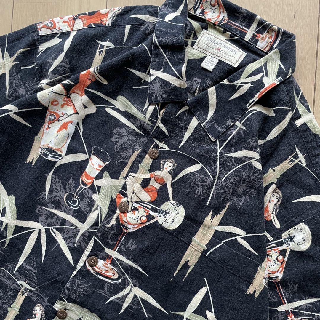 【極上】　美品　Clear Water 酒　女　竹　黒アロハ　アロハシャツ