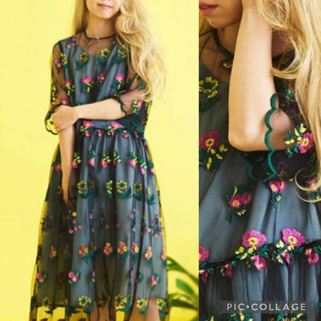Dot＆Stripes CHILD WOMANフラワー刺繍チュールワンピース