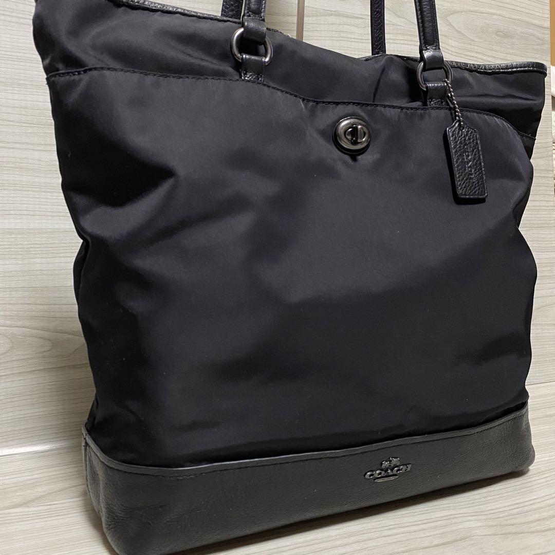 美品 COACH コーチ ターンロック トートバッグ ナイロン レザー 美品 COACH コーチ ターンロック トートバッグ ナイロン レザー