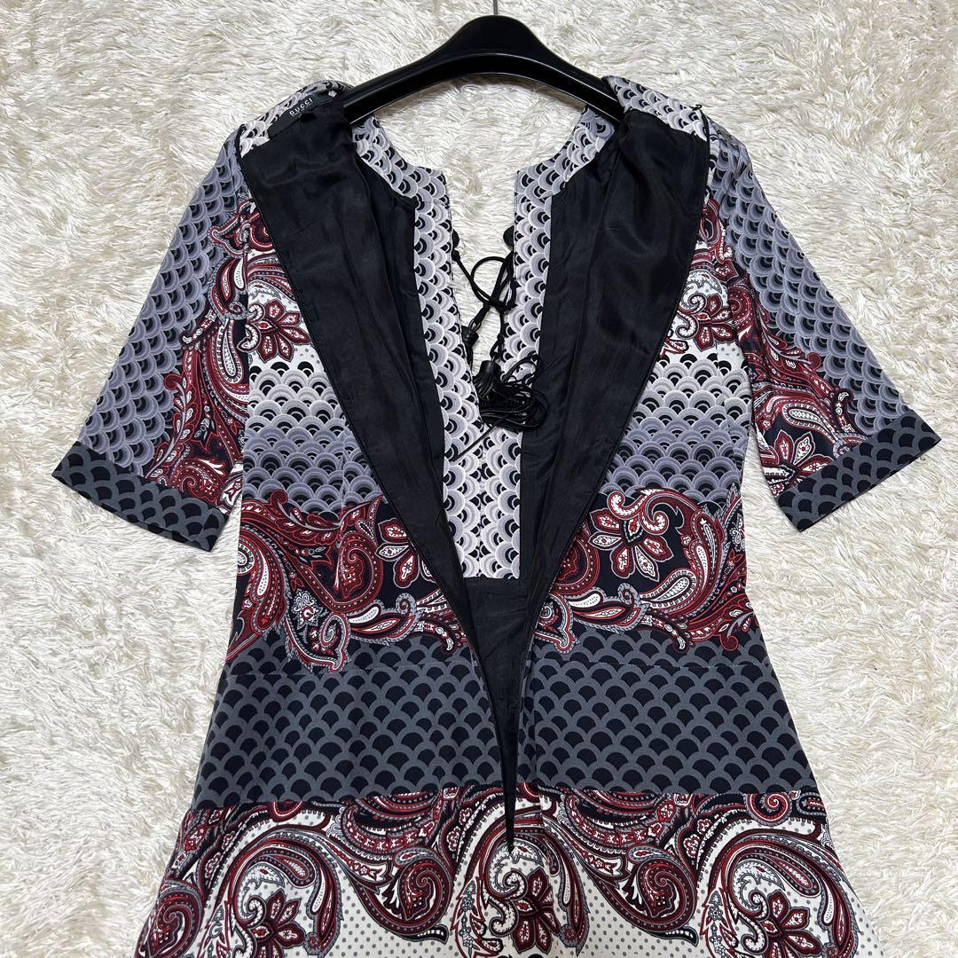 極美品 グッチ ワンピース シルク100 半袖 ペイズリー タッセル プリーツL 画像10