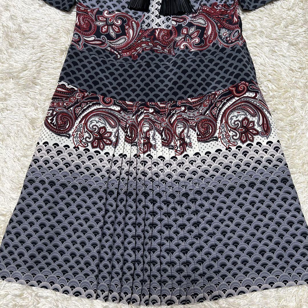 極美品 グッチ ワンピース シルク100 半袖 ペイズリー タッセル プリーツL 画像4