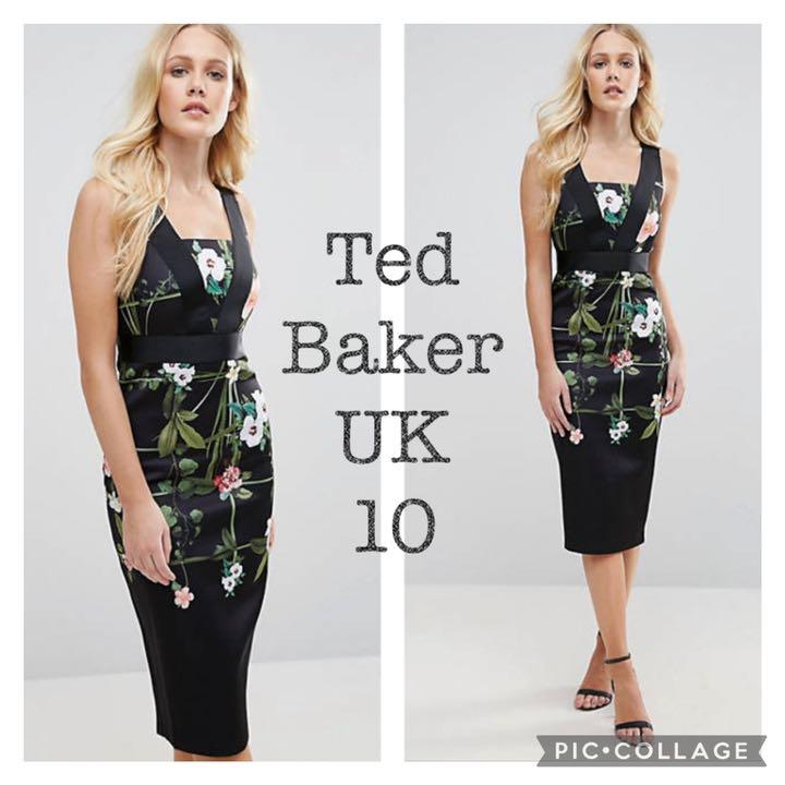 36%割引ブラック系,L【送料無料】 Ted Bakerのブラック花柄プリント 購入いただける BAKERドレス 希少!新品同様TED ひざ丈ワンピース