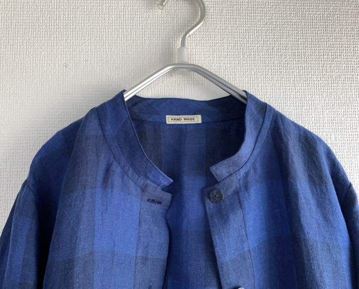 ハンドメイド 上質リネンのジャケット ブルー ブロックチェック