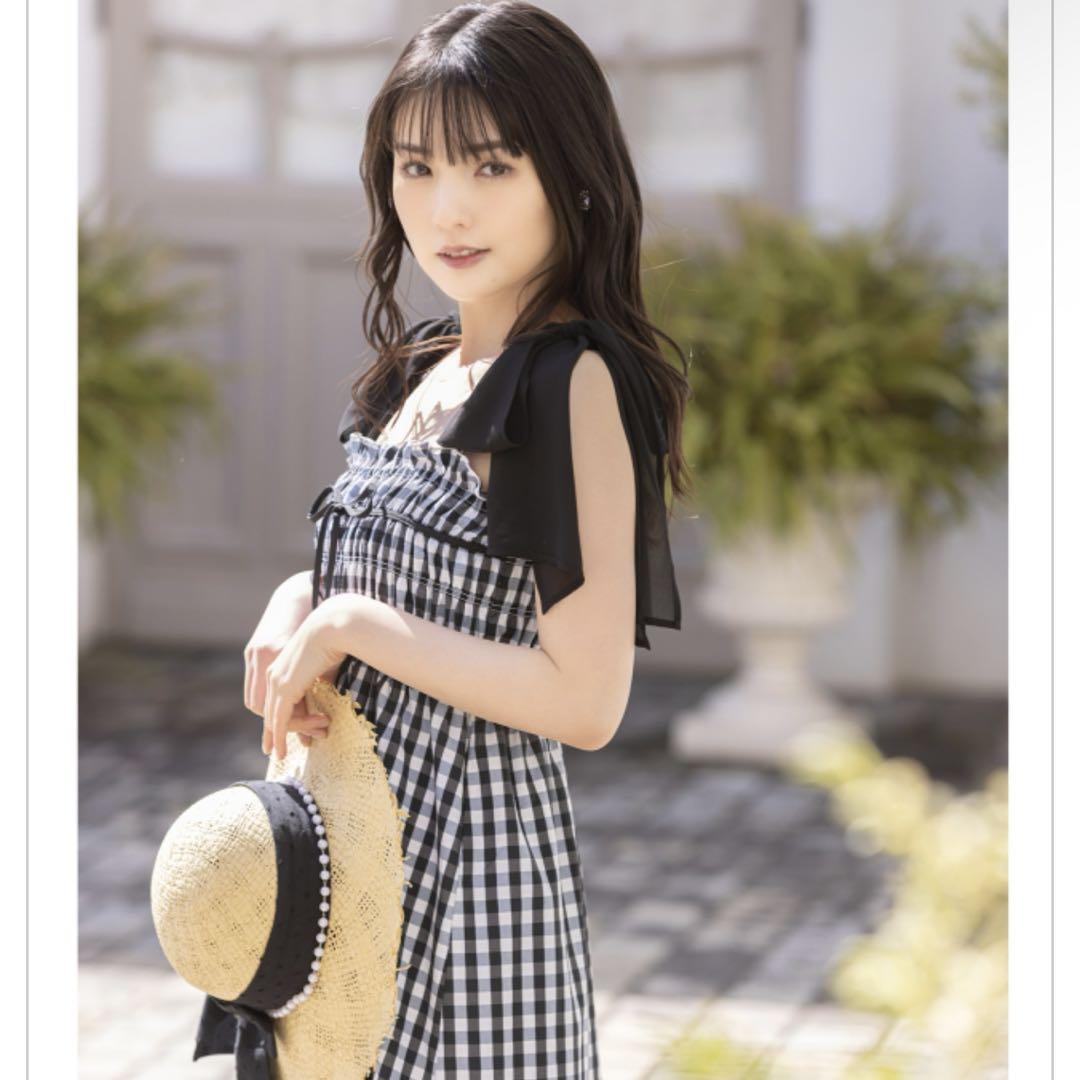 tocco closet フロントリボン付きリボンショルダーギンガムワンピース