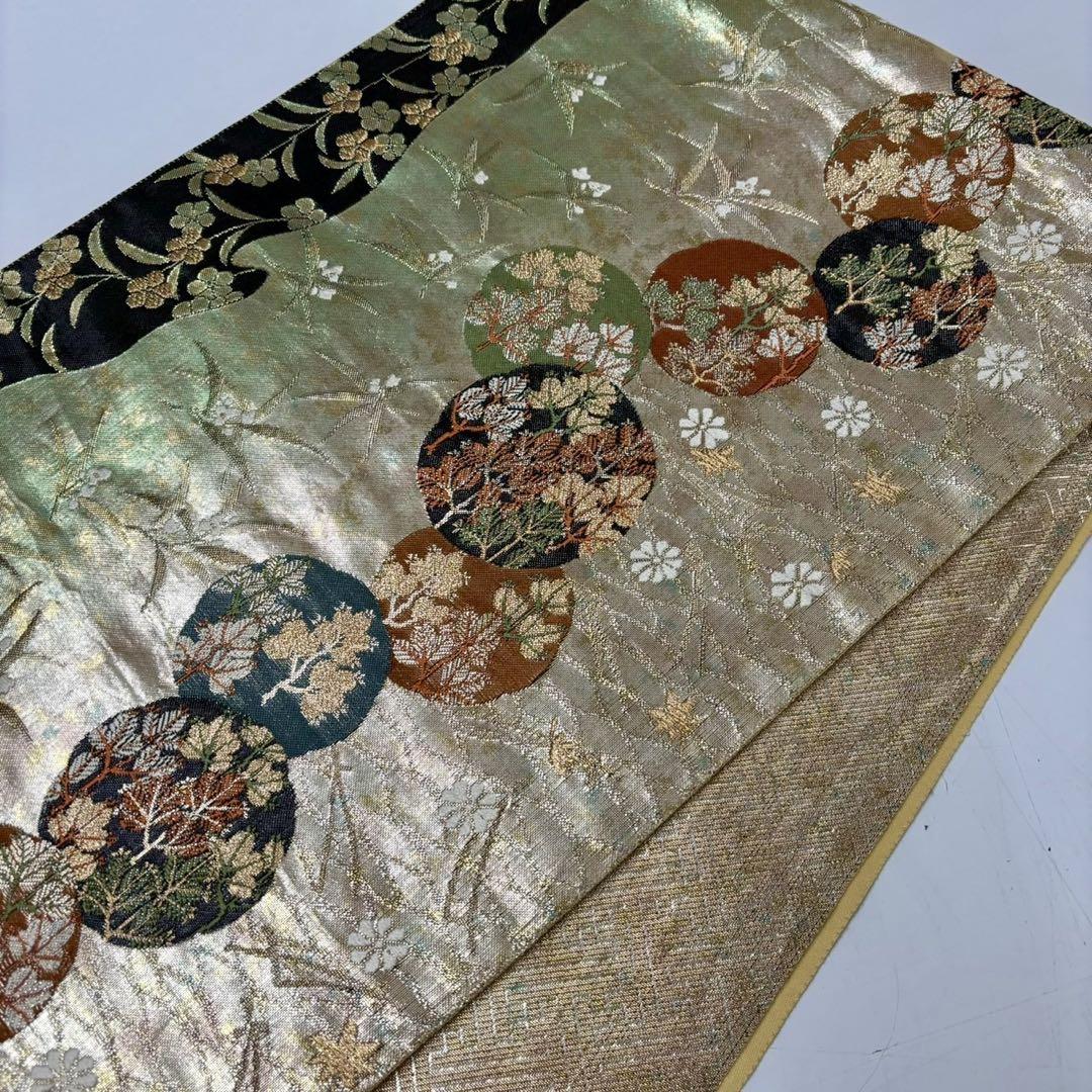 袋帯 風通箔別織 縦ラインに草花 金糸 全通 正絹 綺麗なデザイン