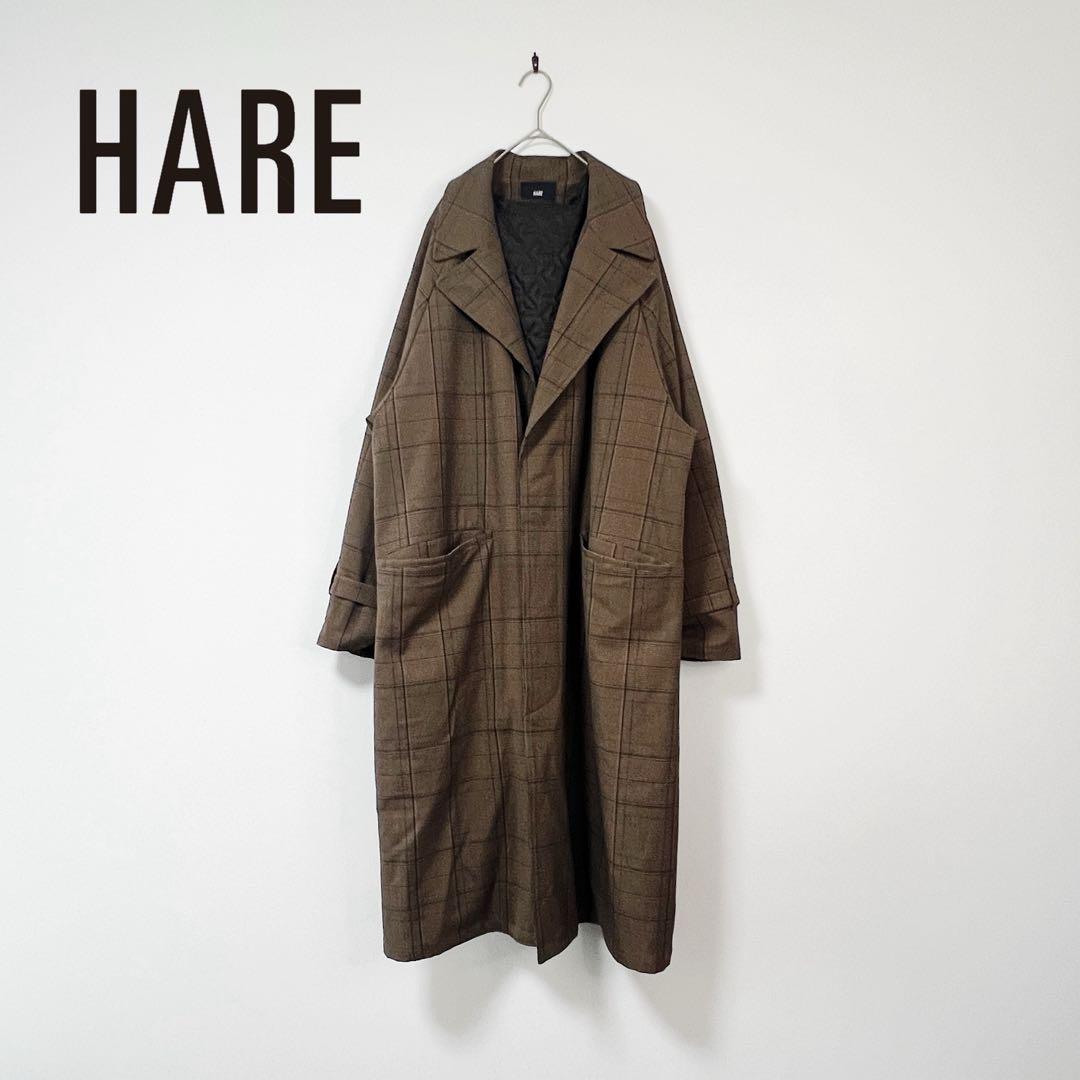 HARE ライナーツキチェスターコート L ブラウン チェック 大きめ ハレ