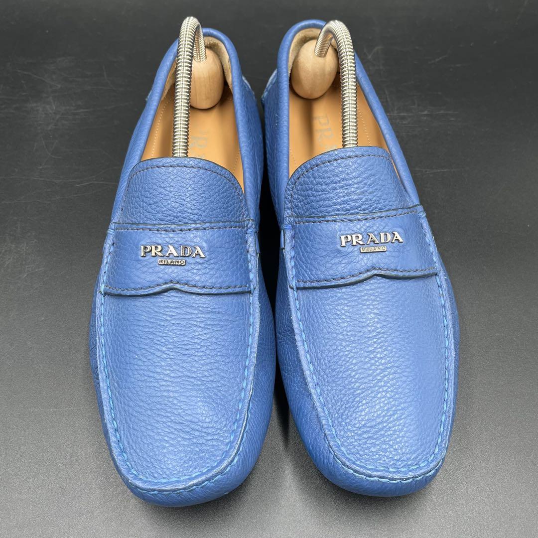 美品✨プラダ メンズ ローファー シボ革 ブルー 青 25cm相当