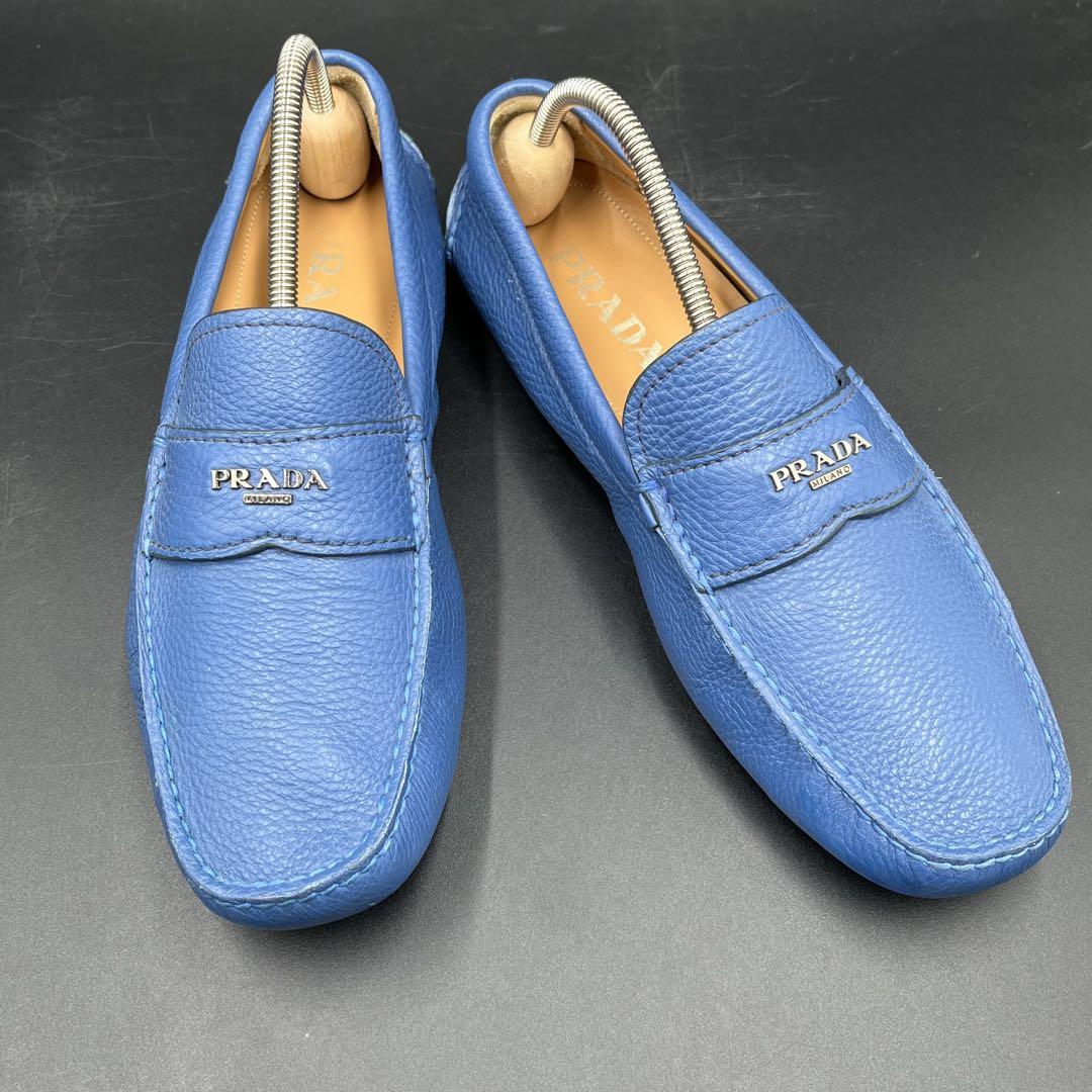 美品✨プラダ メンズ ローファー シボ革 ブルー 青 25cm相当