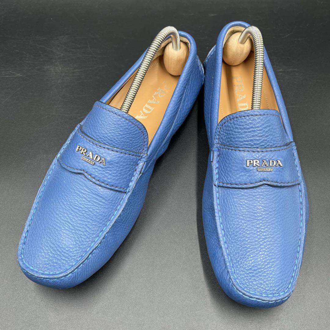 美品✨プラダ メンズ ローファー シボ革 ブルー 青 25cm相当