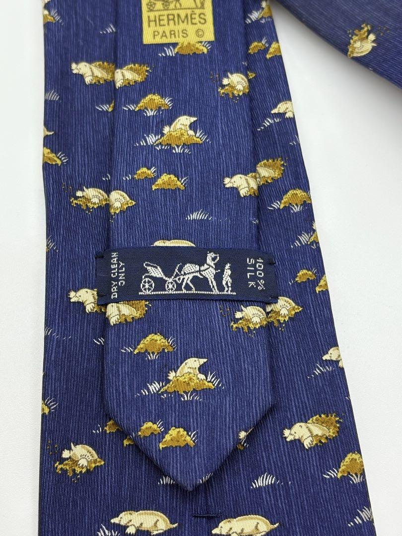 【美品】エルメス モグラ ネクタイ シルク100% ネイビー 紺 総柄 正規品