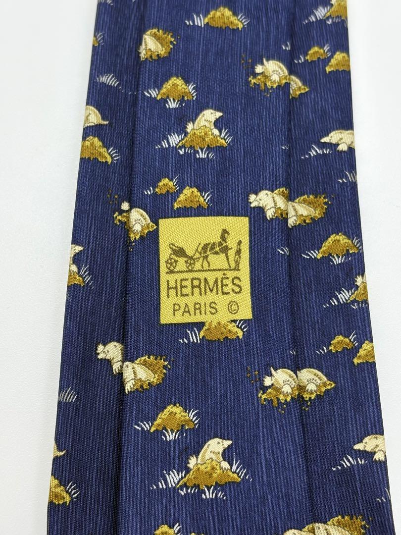 【美品】エルメス モグラ ネクタイ シルク100% ネイビー 紺 総柄 正規品