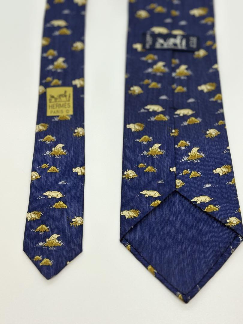 【美品】エルメス モグラ ネクタイ シルク100% ネイビー 紺 総柄 正規品