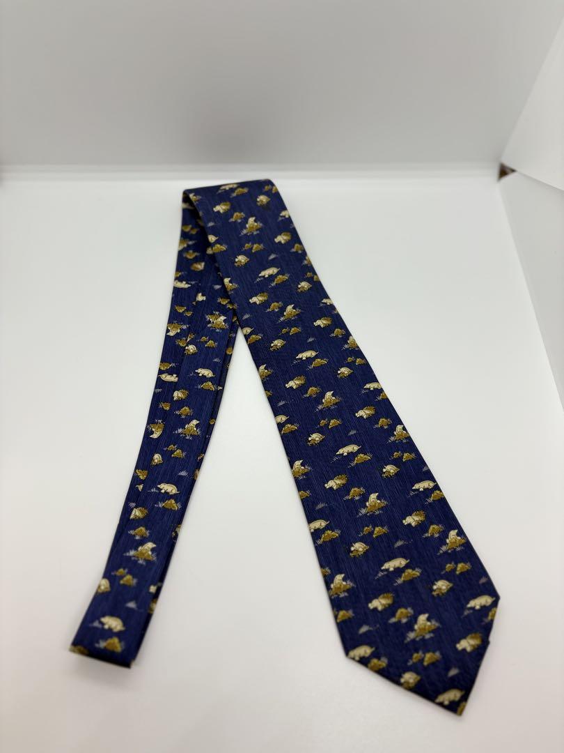 【美品】エルメス モグラ ネクタイ シルク100% ネイビー 紺 総柄 正規品