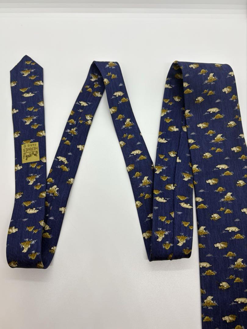 【美品】エルメス モグラ ネクタイ シルク100% ネイビー 紺 総柄 正規品