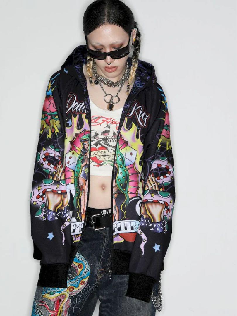 Y2K】DeadEndKidsタトゥー風グラフィック フルジップパーカー Y2K】DeadEndKidsタトゥー風グラフィック フルジップパーカー