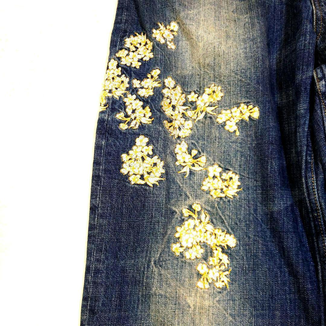 絡繰魂 流儀 紫鯉 桜 W36 デニムパンツ 和柄 刺繍 大きいサイズ 革パッチ