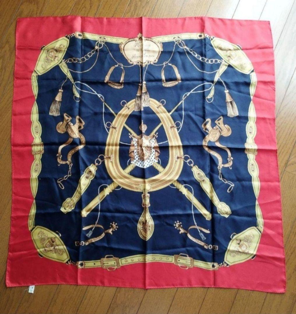 シルク100% 大判 スカーフ バンダナ ネイビー レッド - 通販