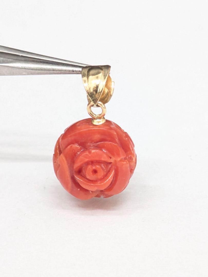 K18 珊瑚 さんご ペンダントトップ 薔薇 バラ