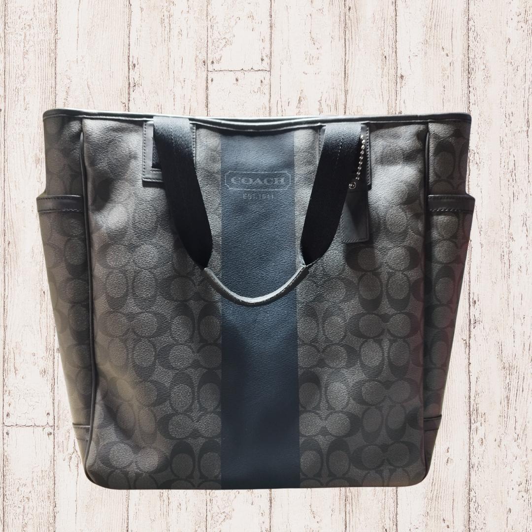 COACH ヘリテージ ストライプ トートバッグ PVC レザー 黒 バッグ