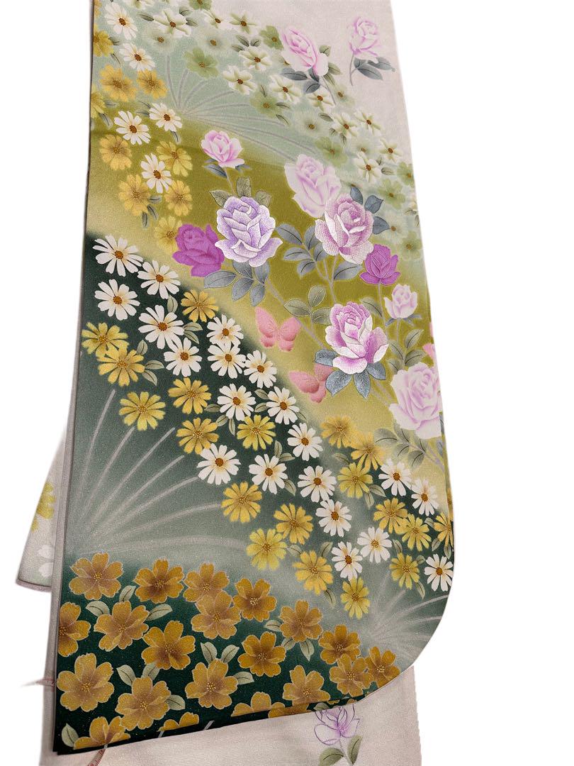 振袖 正絹 オフホワイト 白 薔薇 刺繍 コスモス 秋桜 蝶 5点