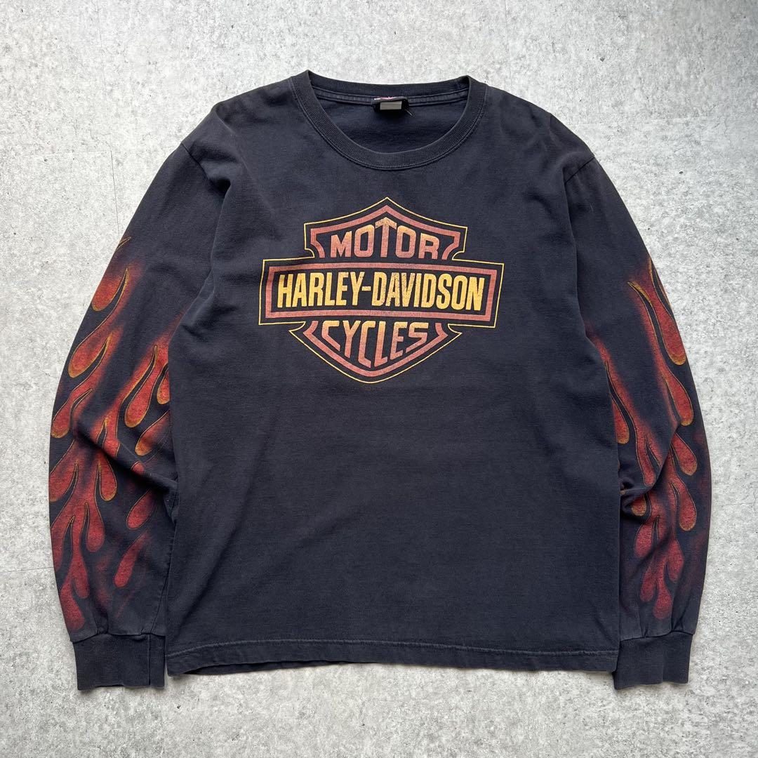 00s ハーレーダビッドソン 袖プリ ビッグフレイム イーグル 長袖 Tシャツ