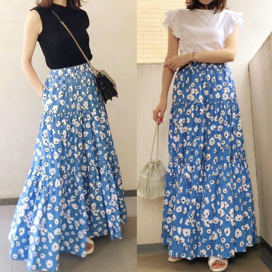 ZARA ザラ 花柄 ティアード ロングスカート ブルー 白 吉岡里帆