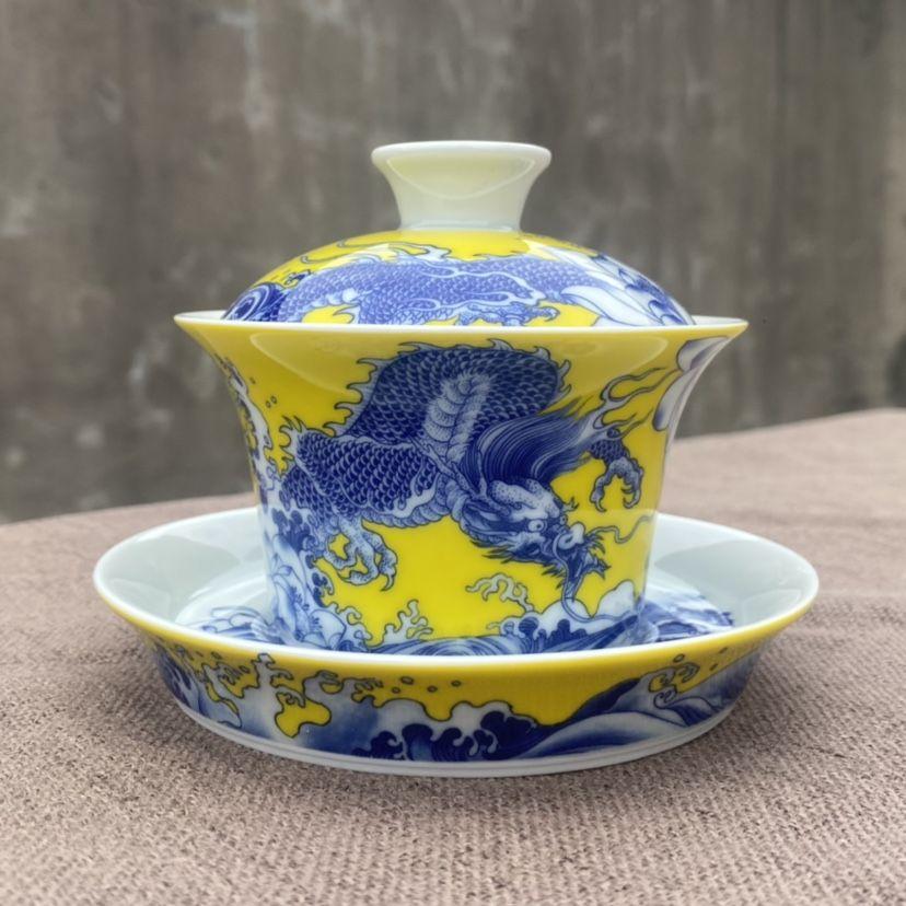 中国茶器 景徳鎮 黄竜紋馬蹄三才蓋碗 茶杯 新品未使用