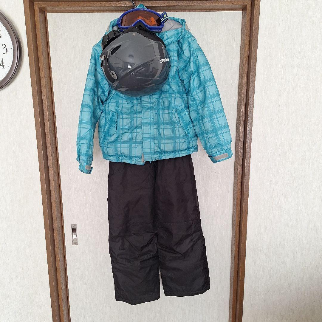 子供用スキーウェア130 水色チェック ヘルメット付き