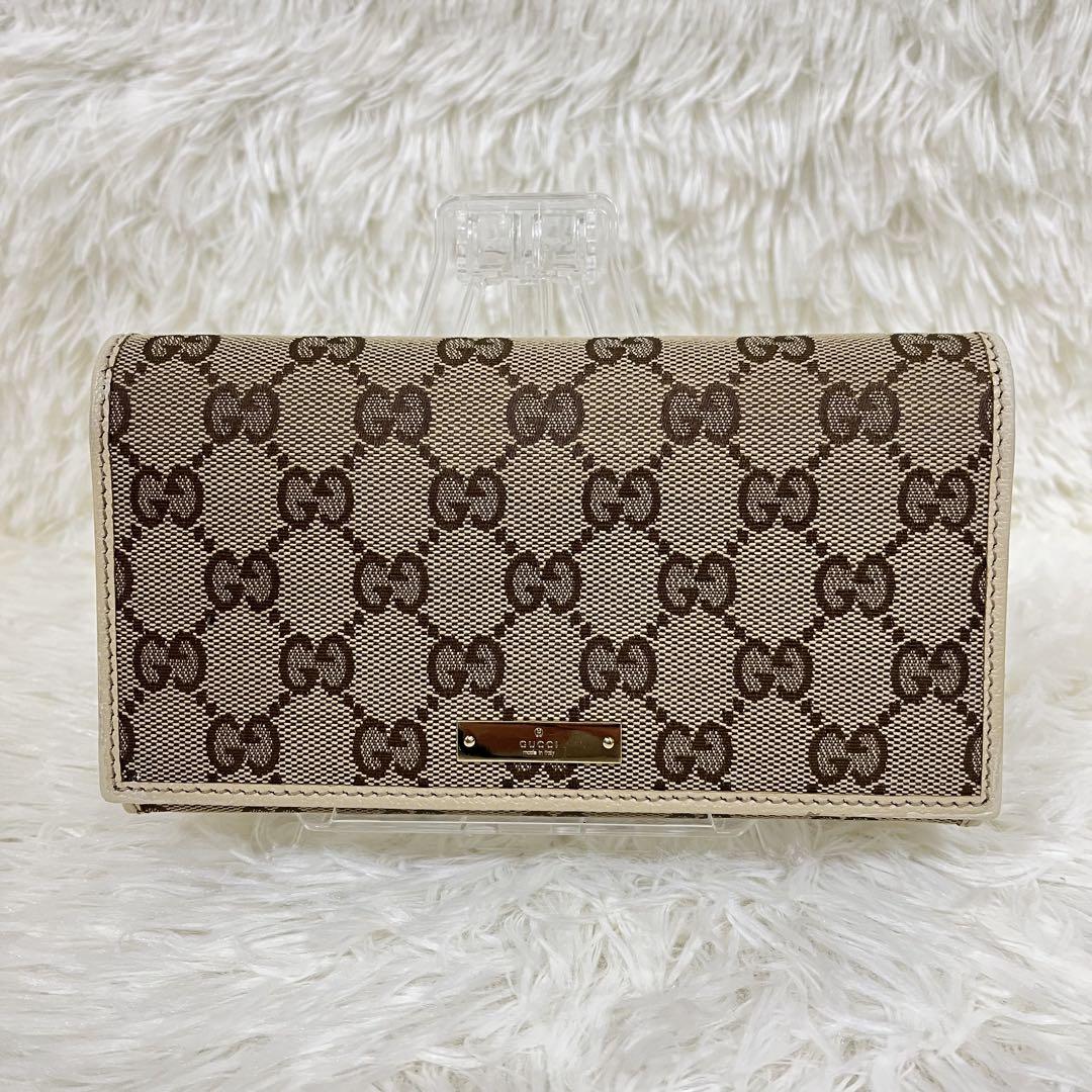 ✨極美品✨ グッチ 長財布 レザー GG キャンバス ブラウン ホワイト 金具