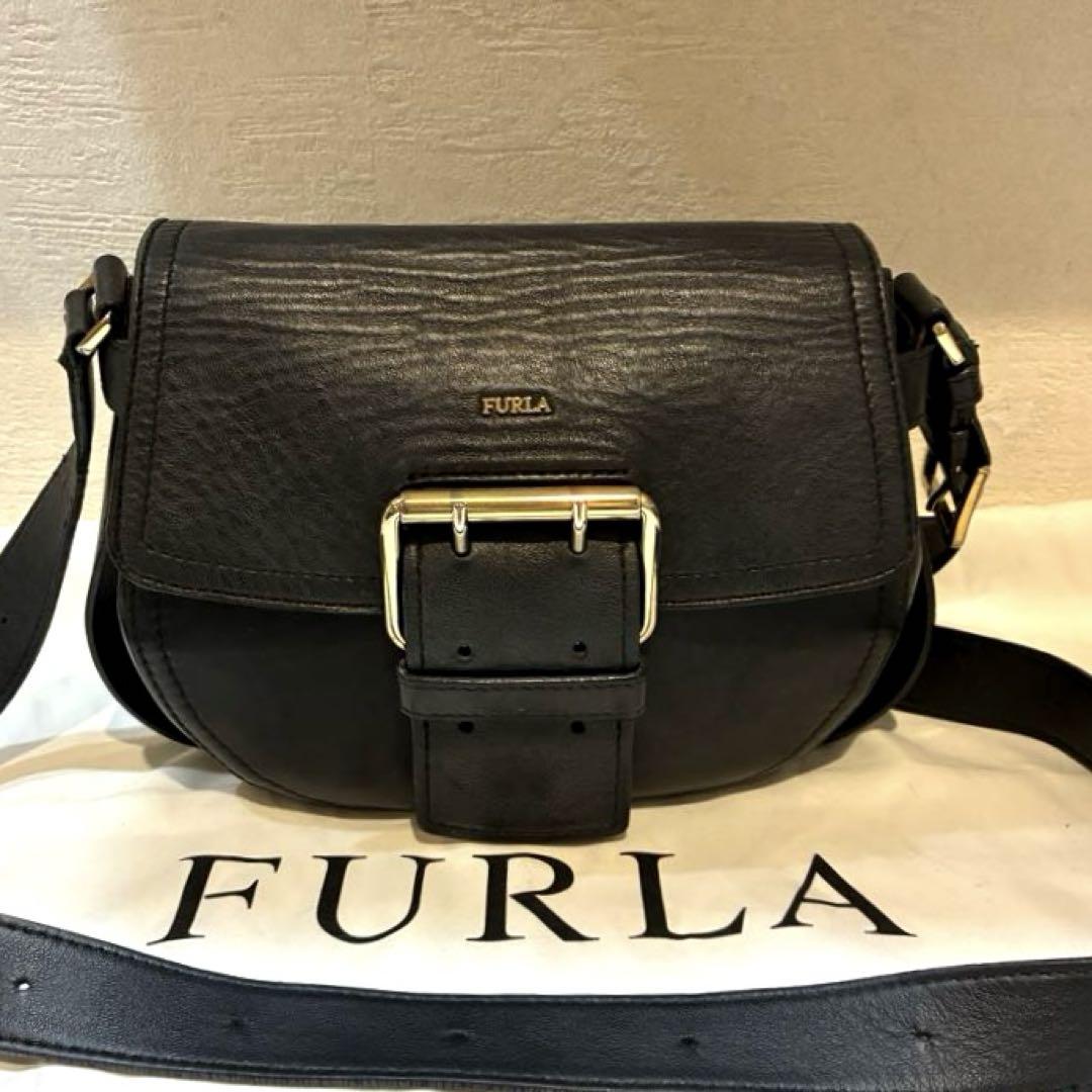 【美品】FURLA ハッシュタグ　レザー　ショルダーバッグ　黒