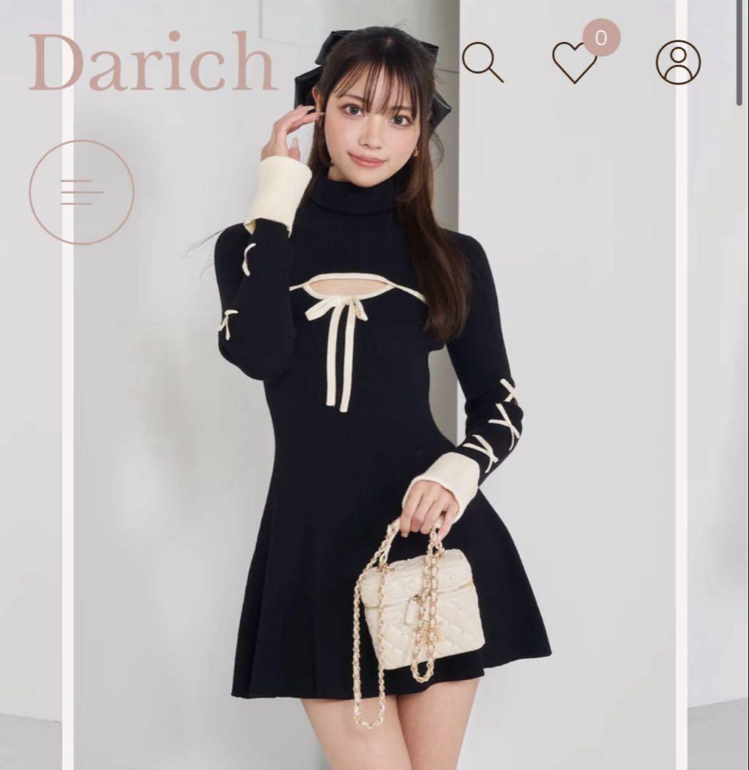ダーリッチ バイカラーリボンデザインニットミニワンピース