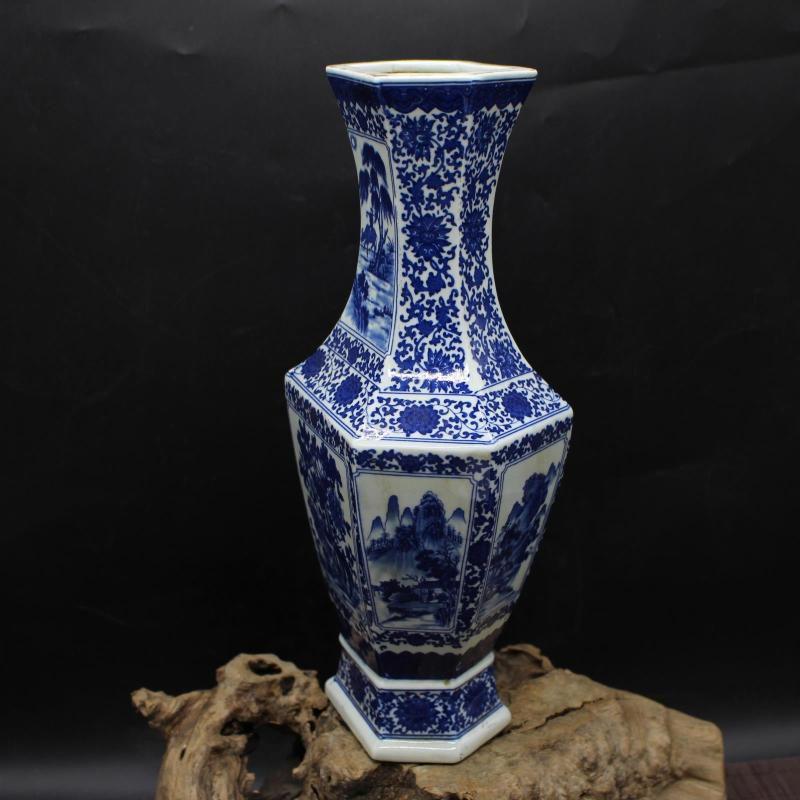 清乾隆青花人物花鳥六方賞瓶 景徳鎮 陶磁器 装飾品 現代工芸品 美術品 置物