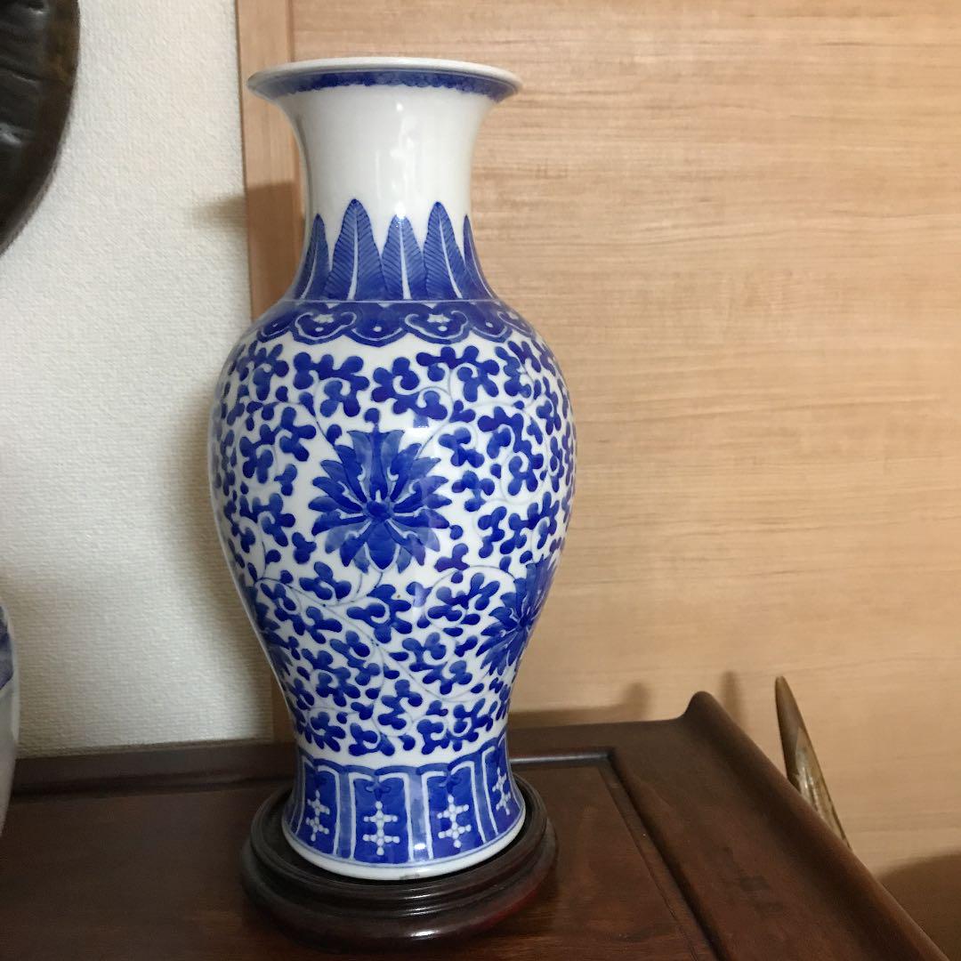 中国　壺 中国花瓶 花瓶 中国美術 景徳鎮製 染付花瓶 年代品 唐木台