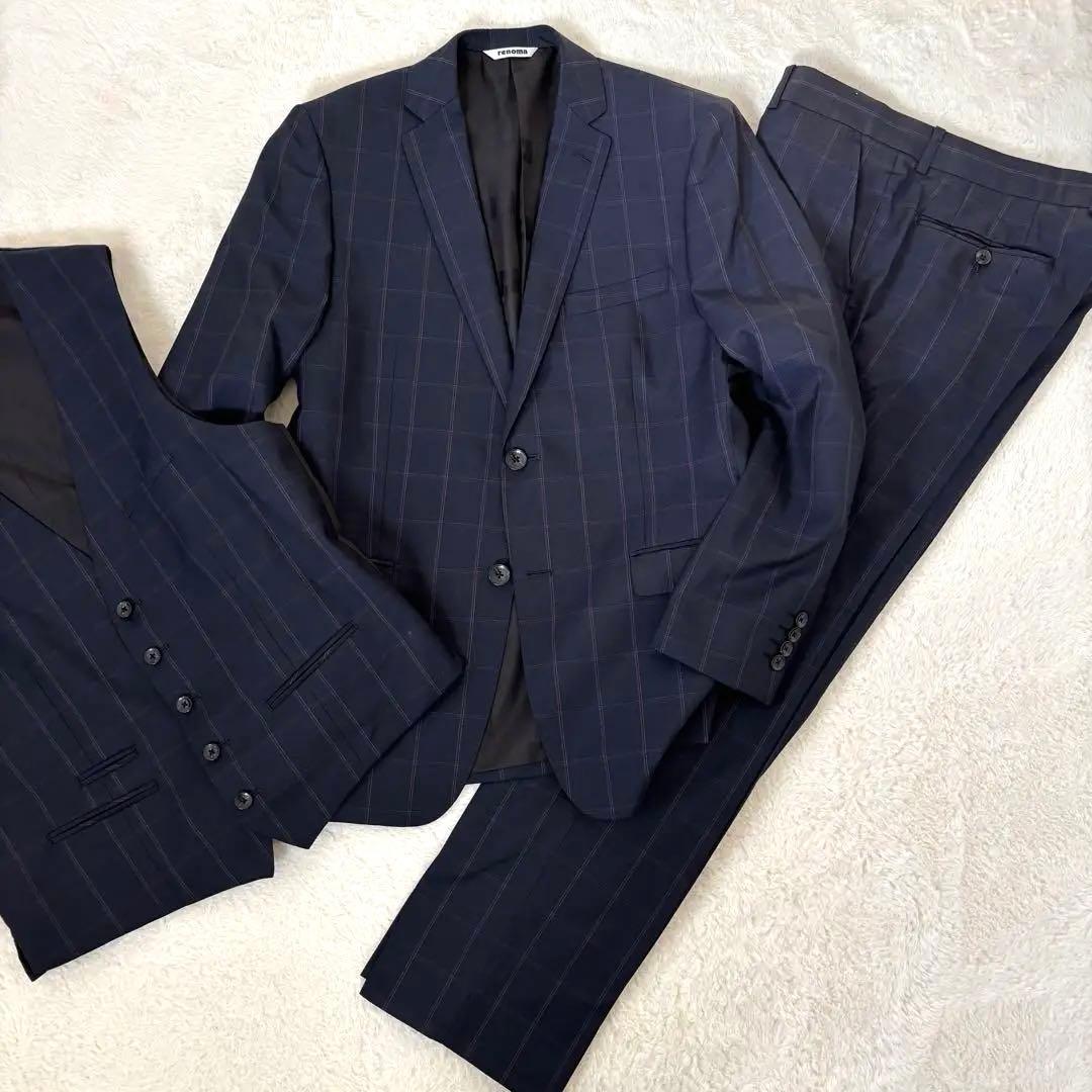 ✨️美品✨️ renoma レノマ 3ピース チェック ネイビー 総柄 スーツ 2B