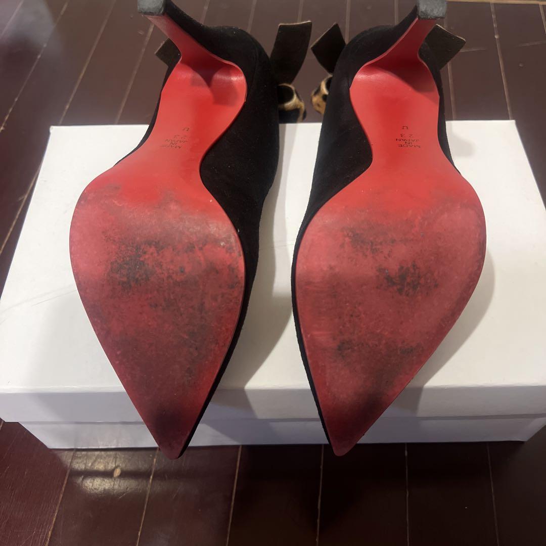 美品】ダイアナ ブラックパンプス ヒョウ柄 裏ピンク