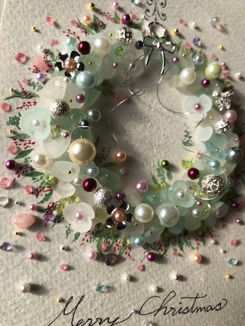 シーグラスアート/ Xmasリース/天然石/ ガラス/ 原画