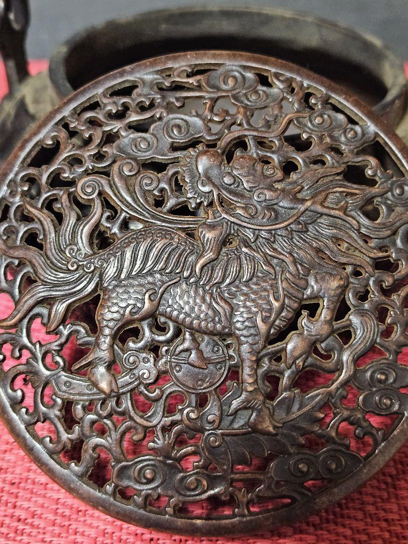 時代物❗ 古銅 唐金 陽刻浮彫 獅子の図 透かし蓋付き 阿古陀形
