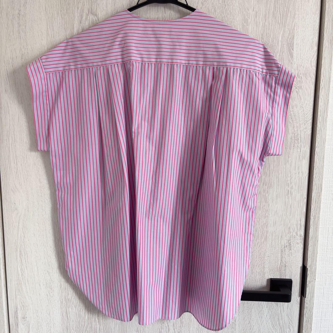 極美品＊ドゥロワー コットンストライプフロントレースブラウス 36 ピンク 半袖 お値下☆ 【極美品】 コットンストライプフロントレースブラウス
